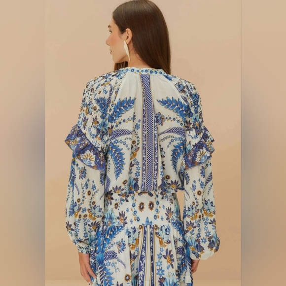 FARM Rio Blue and White Floral Womens Ana Tapestry Ruffle Blouse Size L - Picture 3 of 16